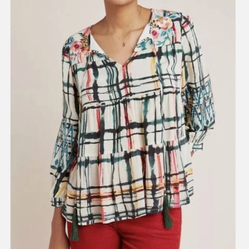 Anthropologie Vineet Bahl "Vanessa" Colorful Printed Embroidered Peasant Blouse